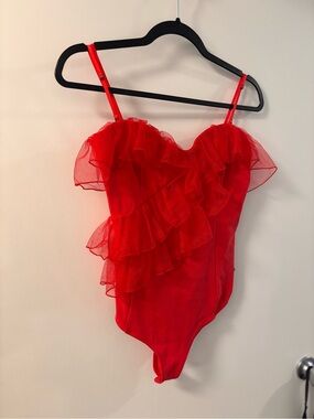 Free People Red Ruffle One-Piece Swim Bodysuit